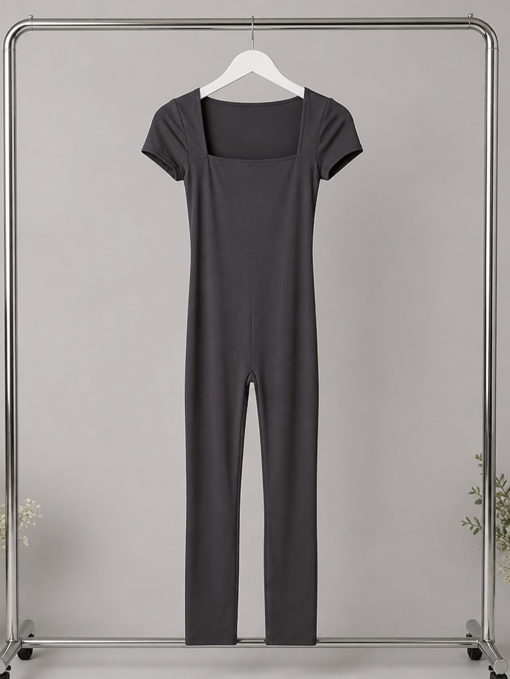 Square Neck Short Sleeve Unitard in Charcoal